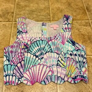 Lilly Pulitzer Seashell Print Scalloped Hem Sleeveless Crop Top Pink Teal Size 4